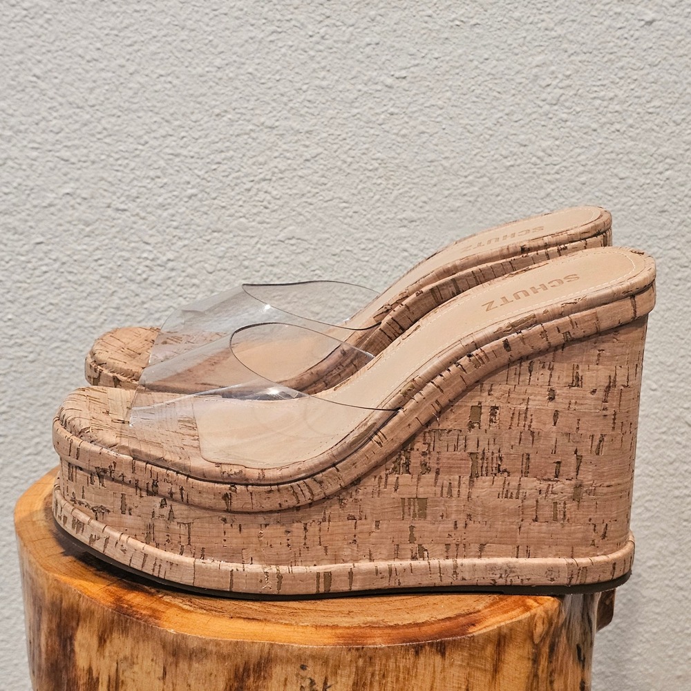 Schutz Cork Platform Wedge Sandals Clear Vinyl Strap Mules Tan Beige Size 10B‎